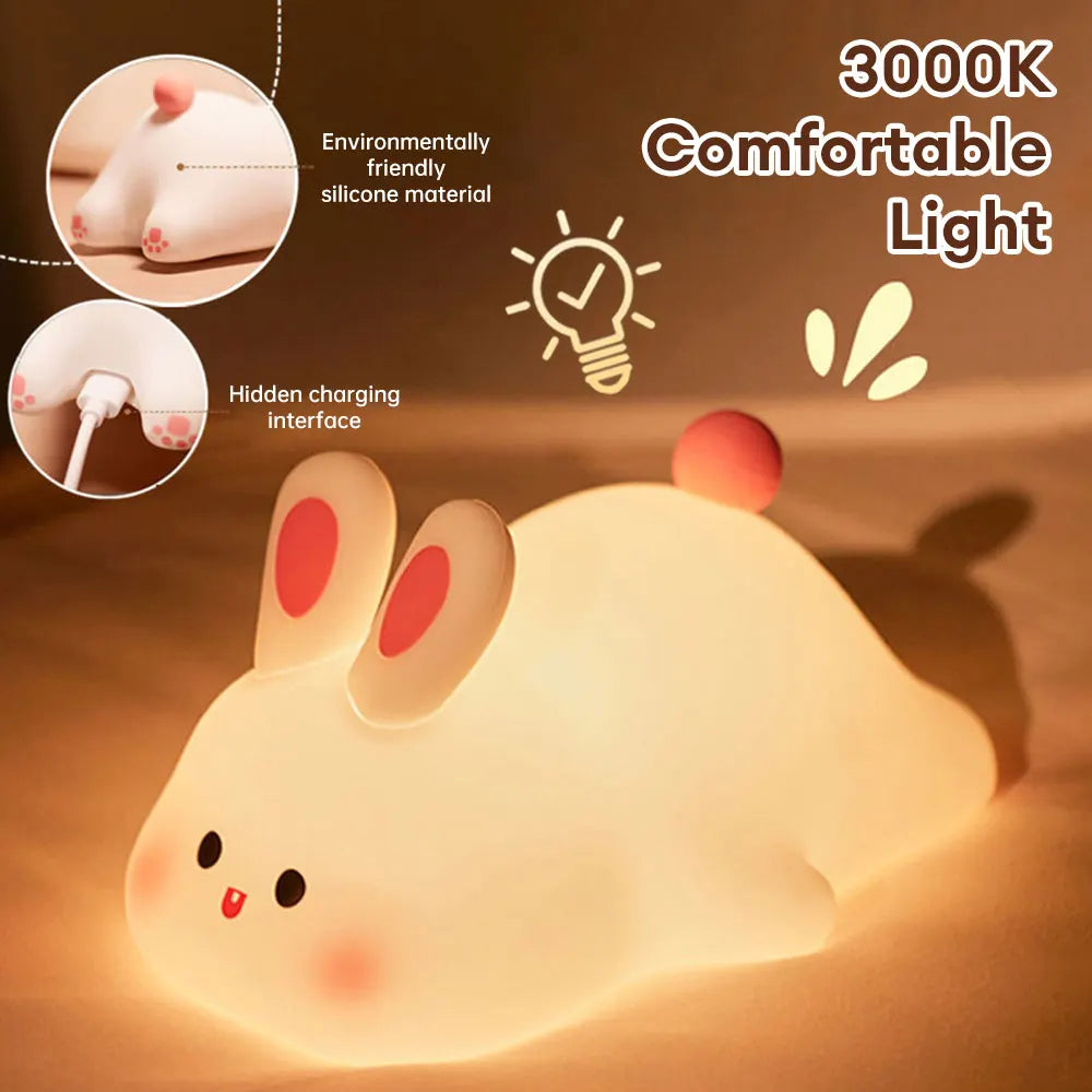 LED Night Light Cute Big Face Rabbit Night Light Kid Touch Sensor Timing USB Rechargeable for Birthday Gifts Bedroom Decor